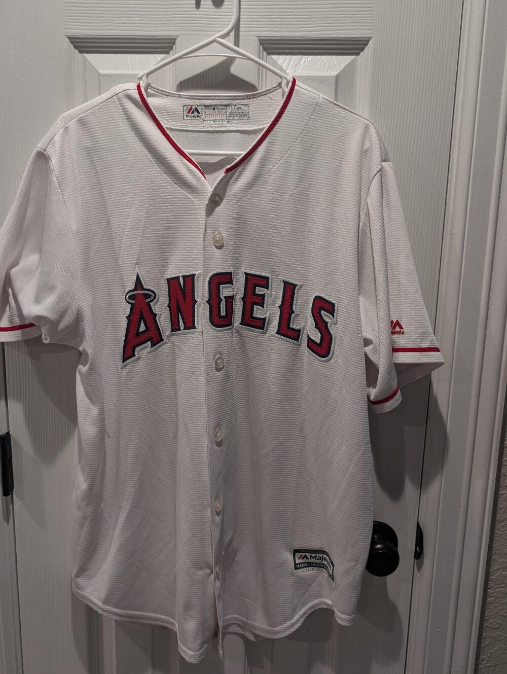 Majestic White and Red Angels Button-Front Baseball Jersey